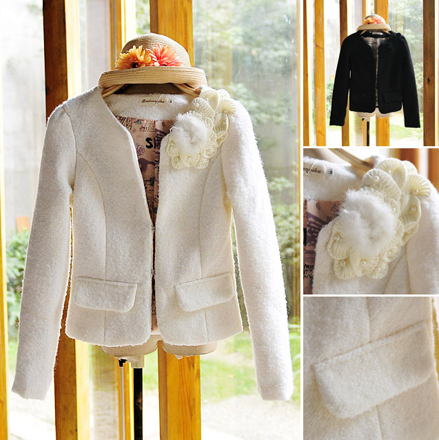 2012 woolen outerwear women's rabbit fur beading three-dimensional flower slim wool short jacket female