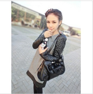 2012 woolen patchwork leather shoulder pads small long-sleeve one-piece dress