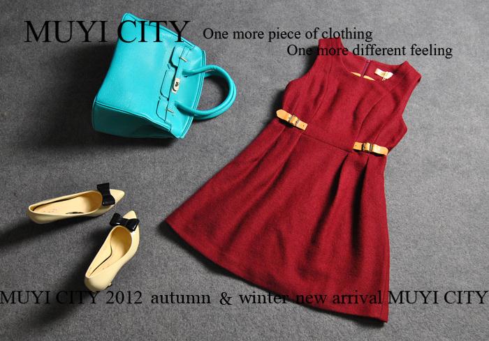 2012 woolen Wine red leather buckle on vest skirt tank dress one-piece dress b1910