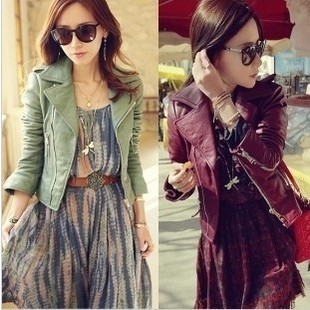 2012 wowed zipper PU leather jacket elegant slim leather clothing short jacket