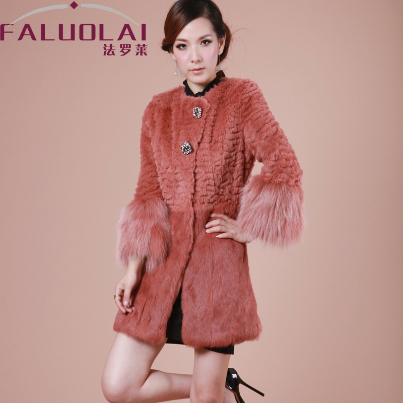 2012 wrist-length sleeve rabbit fur wool raccoon fur o-neck slim long design fur coat