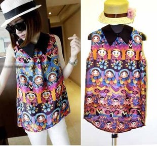 2012 xiaxin female multicolour doll print turn-down collar loose a chiffon top /FREE SHIPPING BY CPAM