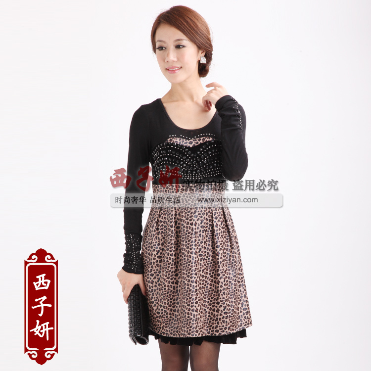 2012 xizi autumn original design classic leopard print elastic long-sleeve leather one-piece dress 1304