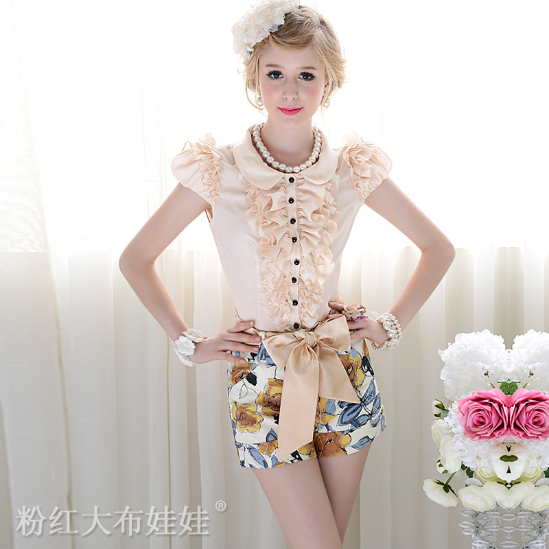 2012  yellow flower print slim belt women shorts