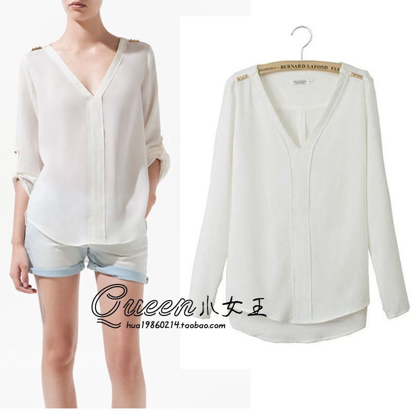 2012 za fashion autumn brief elegant V-neck rivet epaulette long-sleeve shirt female