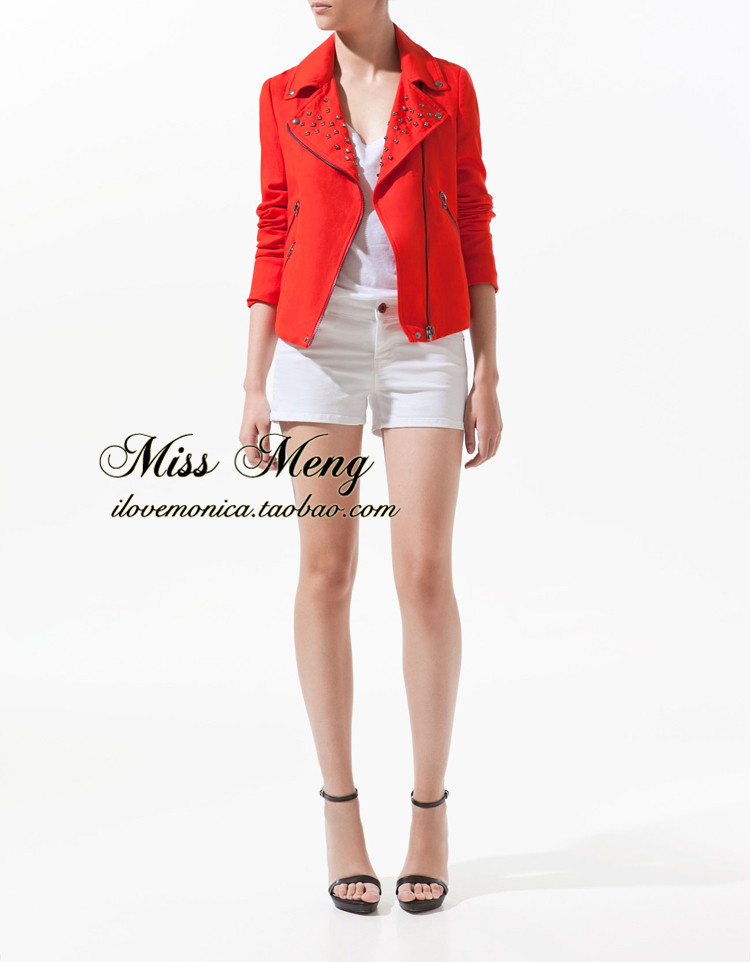 2012 za ra turn-down collar rivet linen double breasted localize chains motorcycle jacket zipper outerwear female