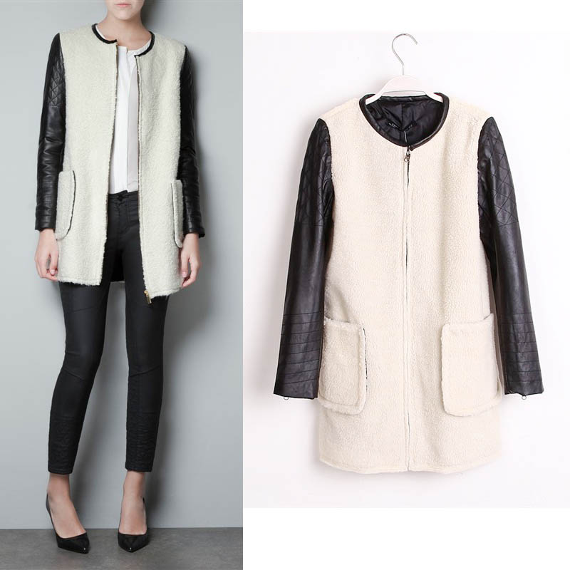 2012 zar fashion vintage leather cashmere patchwork overcoat outerwear