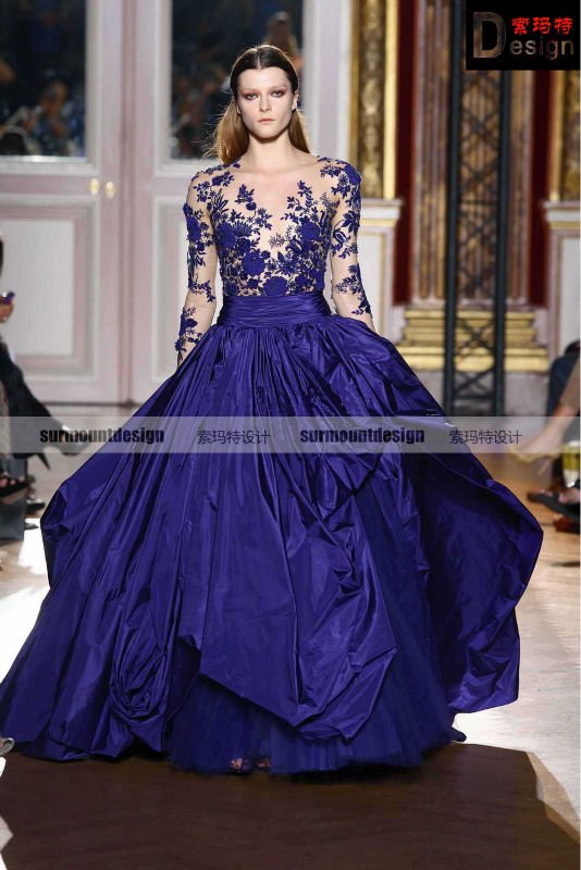 2012 Zuhair Murad elegant ball gown royalblue long lace sleeves evening dress