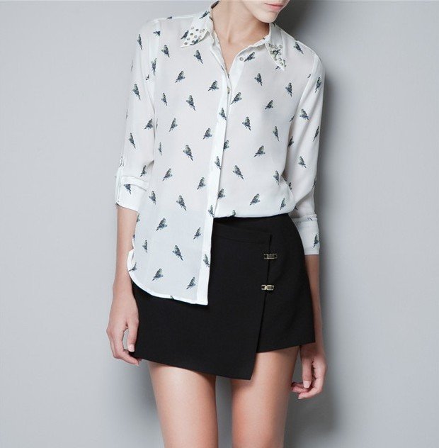 2012Autumn new fashion womens' chiffion OL simple casual blouse shirt Rivet collar bird parrot print long sleeve elegant
