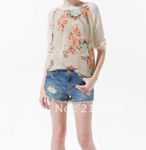 2012autumn newest western print chiffon montage pullovers sweater
