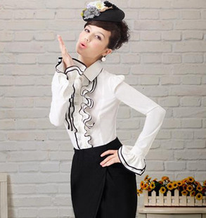 2012AutumnNew White / Black Ruffle sleeve sleeved stand-collar slim big code baseShirt.w91