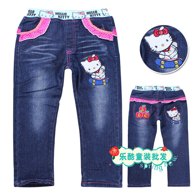 2012Cute!!Freeshipping 5pcs/lot wholesale/Girl thick Hello Ki tty denim/child trousers thermal double layer jeans 8307