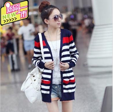 2012Free shipping New Fashion hot selling! spring women's sweater loose cardigan vintage stripe outerwear