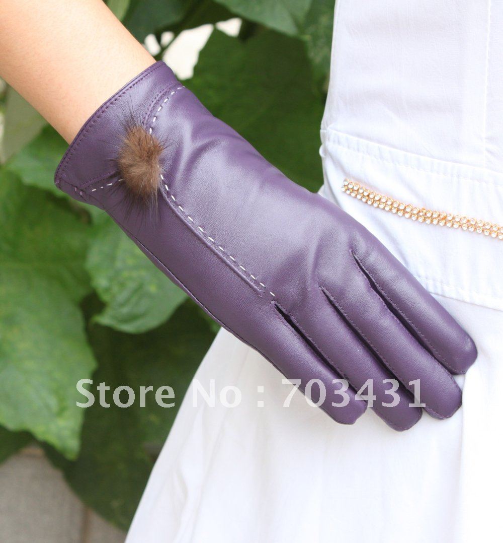 2012Lady's genuine sheep leather glove,women's Mink fur ball gloves,concise warm glove,Moq=1,free shipping,ID: F102