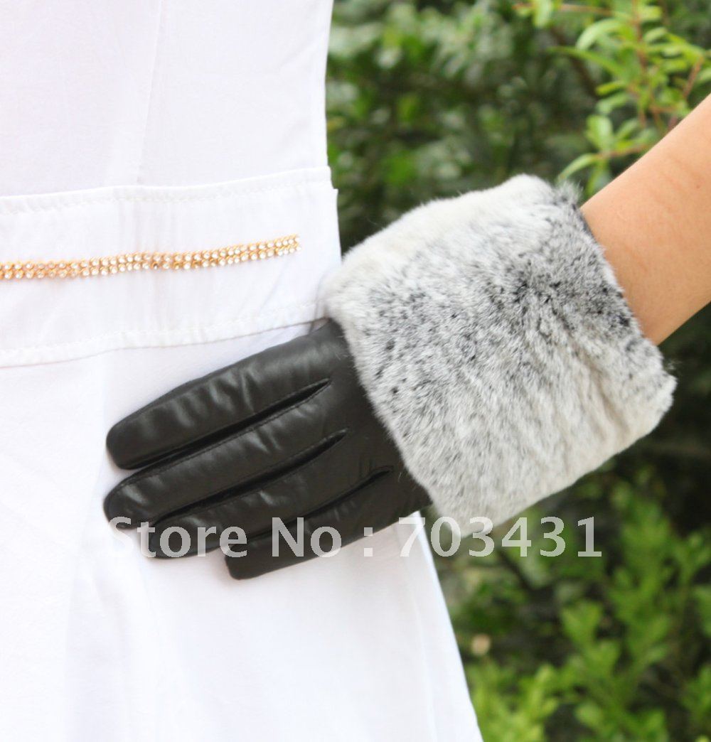 2012Lady's genuine sheep leather glove,women's rex rabbit fur burr gloves,concise warm glove,Moq=1,free shipping,ID:F082