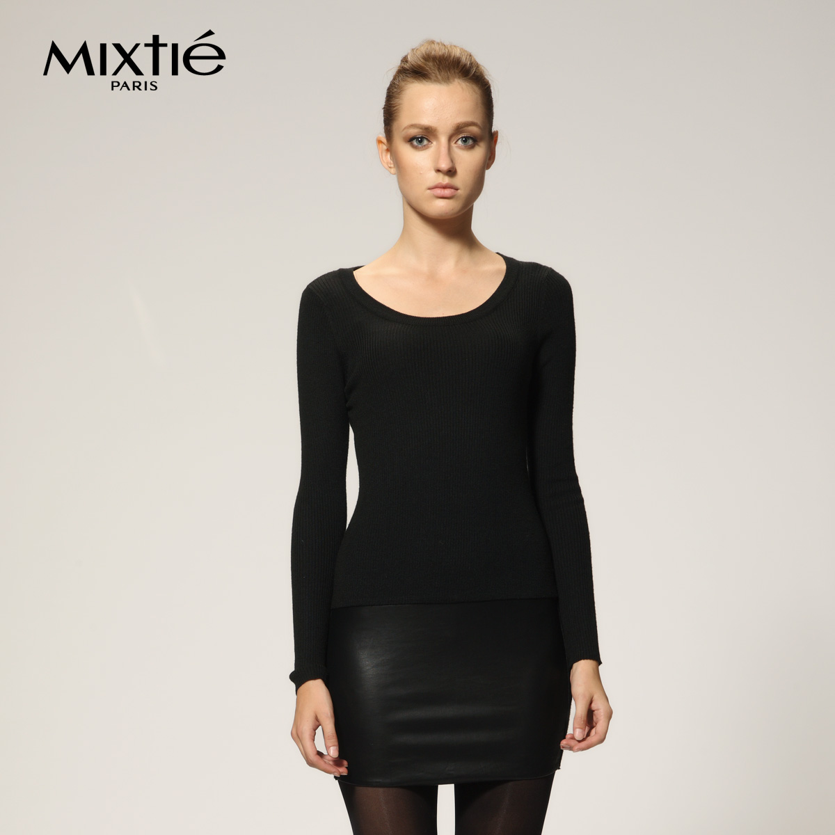 2012mixtie winter new arrival original design women's wool patchwork leather long-sleeve black one-piece dress