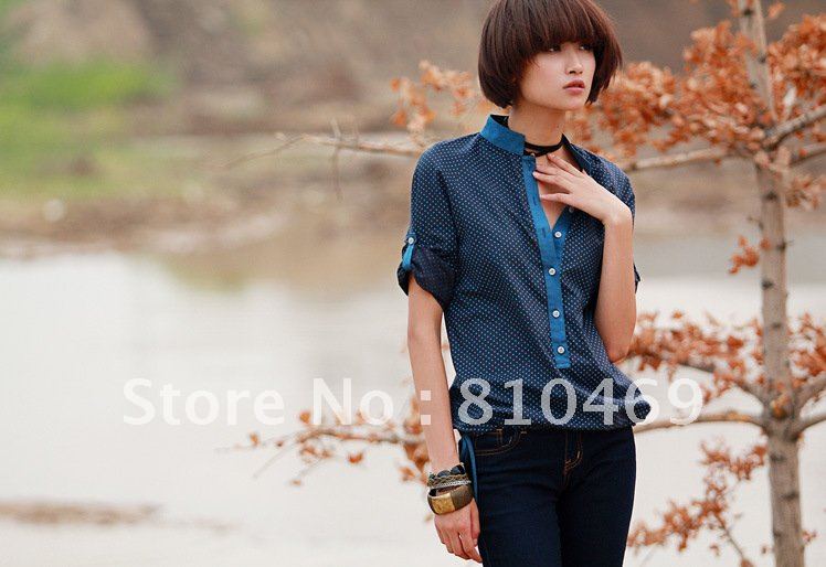 2012new / cotton collar / half cardigan / Dot / Female Models / long-sleeved shirt
