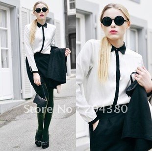 2012new European wind counters with a classic black and white long-sleeved white shirt design white shirts chiffon shirts