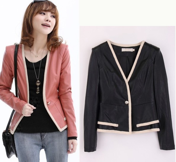 2012ol elegant spring and autumn color block outerwear one button short design slim blazer plus size leather clothing -jk