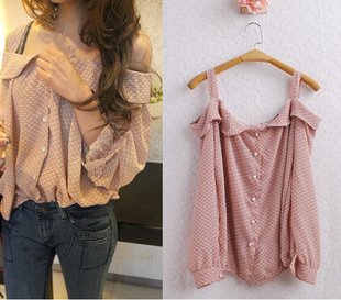2012Vintage sweet Strapless Lantern Sleeve floral fashion doll temperament chiffon shirts, ladies blouses, lady fashion shirts