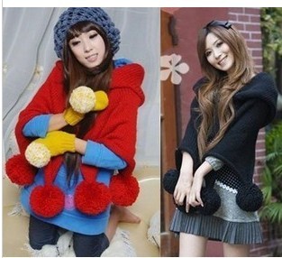 2012winter vintage hair ball cloak cape/hooded short design pullover sweater scarf cape style wool sweatershirt free shpping