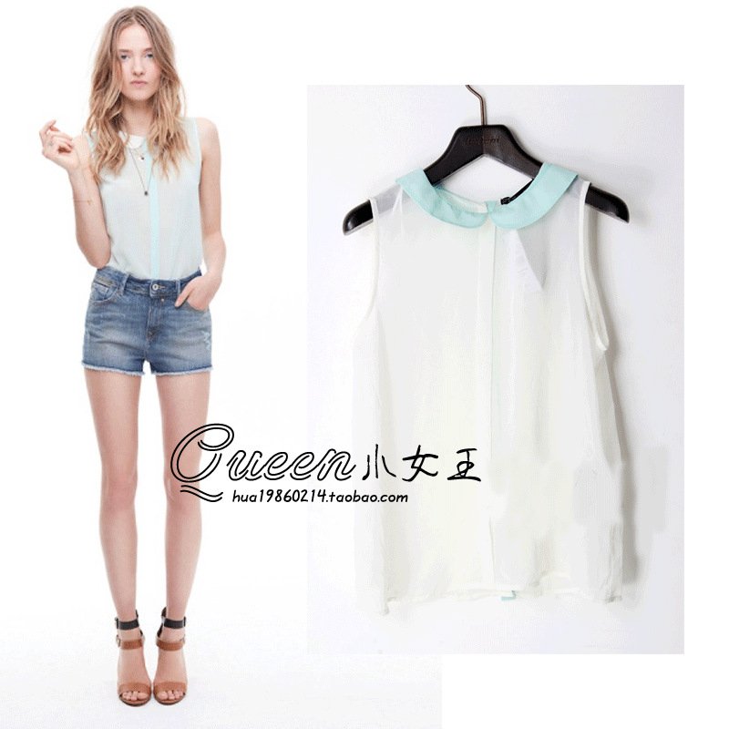2012zara spring and summer fashion vintage peter pan collar small fresh sleeveless perspectivity chiffon shirt female top