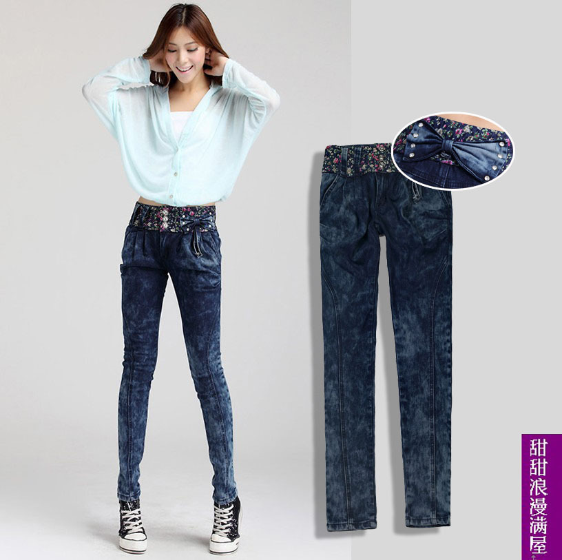 2013 04813 slim legs butt-lifting patchwork blue denim trousers pencil pants