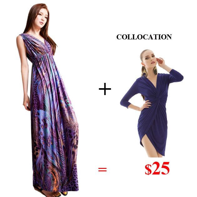 2013 1 women fashion long dress+ 1 casual mini V-neck sexy  dress free shipping WQL0120