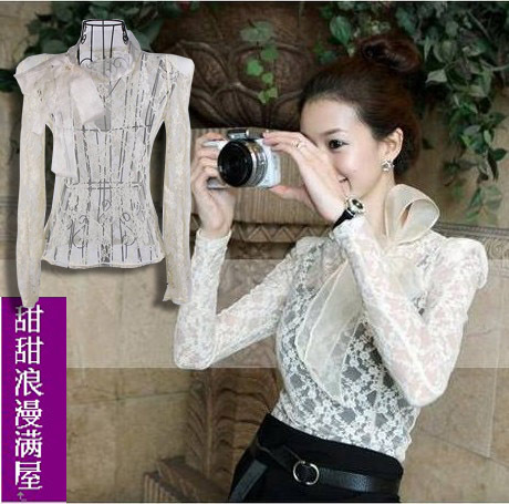 2013 1536 sweet princess organza bow shoulder pads transparent full lace shirt long-sleeve basic shirt