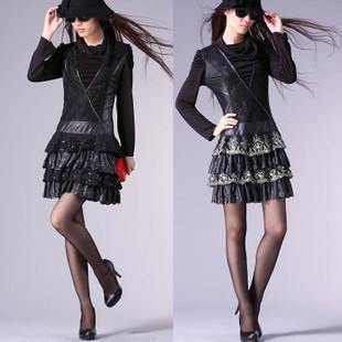 2013 2012 autumn and winter women lace leather patchwork black long-sleeve basic slim one-piece dress
