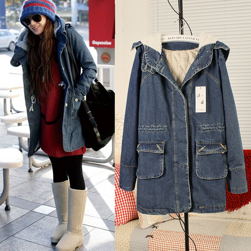 2013 2012 autumn and winter women plus velvet thickening denim long design outerwear thermal trench 1242