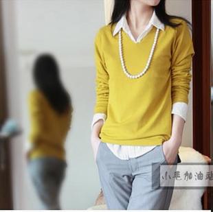 2013 2012 autumn V-neck all-match long-sleeve mercerized cotton sweater basic shirt