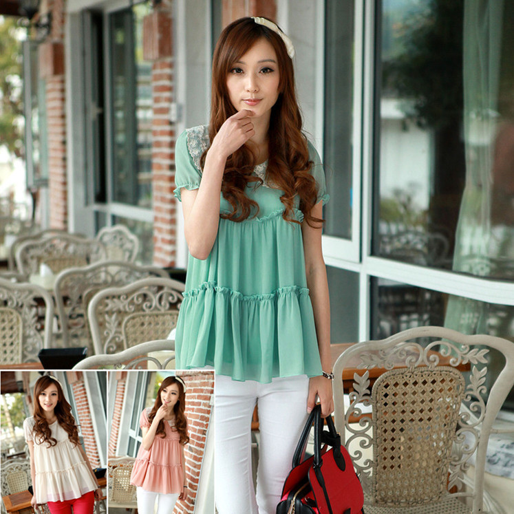 2013 2013 summer beige leather red medium-long peter pan collar plus size lace chiffon shirt hm91 women clothing