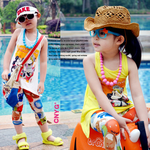 2013 2013 summer children's clothing girls clothing MICKEY irregular sweep T-shirt knitted sleeveless vest