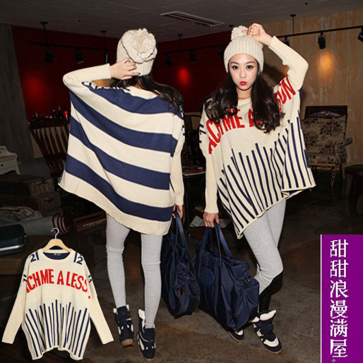 2013 25335 casual all-match fashion knitted color block decoration loose batwing sleeve sweater outerwear