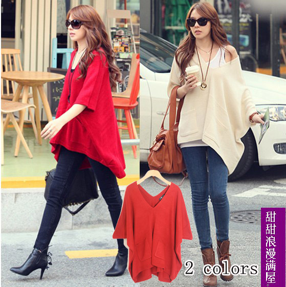 2013 290014 casual all-match before and after the V-neck solid color double pocket batwing sleeve loose sweater outerwear