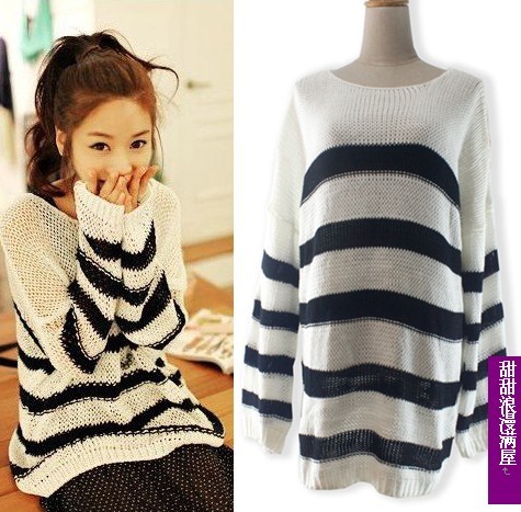 2013 375219 autumn and winter black and white stripes loose casual sweater