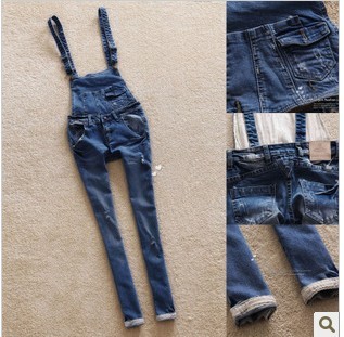 2013 4308 preppystyle detachable suspenders slim hole blue two ways denim trousers