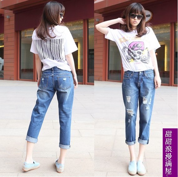 2013 436308 personality casual all-match loose hole Dark Blue denim harem pants ankle length trousers