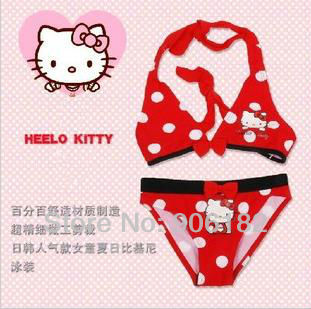 2013 5sets hello kitty swimwear red kids beachwear girl's bikini 2colors cartoon swimsuits