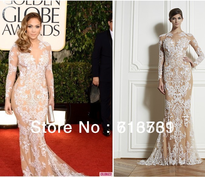 2013 70th Golden Globe Red Carpet Jennifer Lopez Slecet Zuhair Murad Long Sleeve Lace Celebrity Evening Dress Nude Color