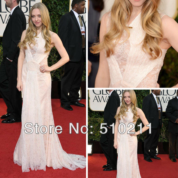 2013 70th Golden Globes Red Carpet Column V-neck Natural Waist Ankle Length Lace Celebrity Dresses