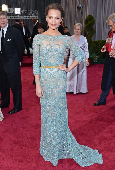 2013 85th Oscar Awards Alicia Vikander Slim 3/4 Long Sleeves Backless Sexy Celebrity Prom Dresses