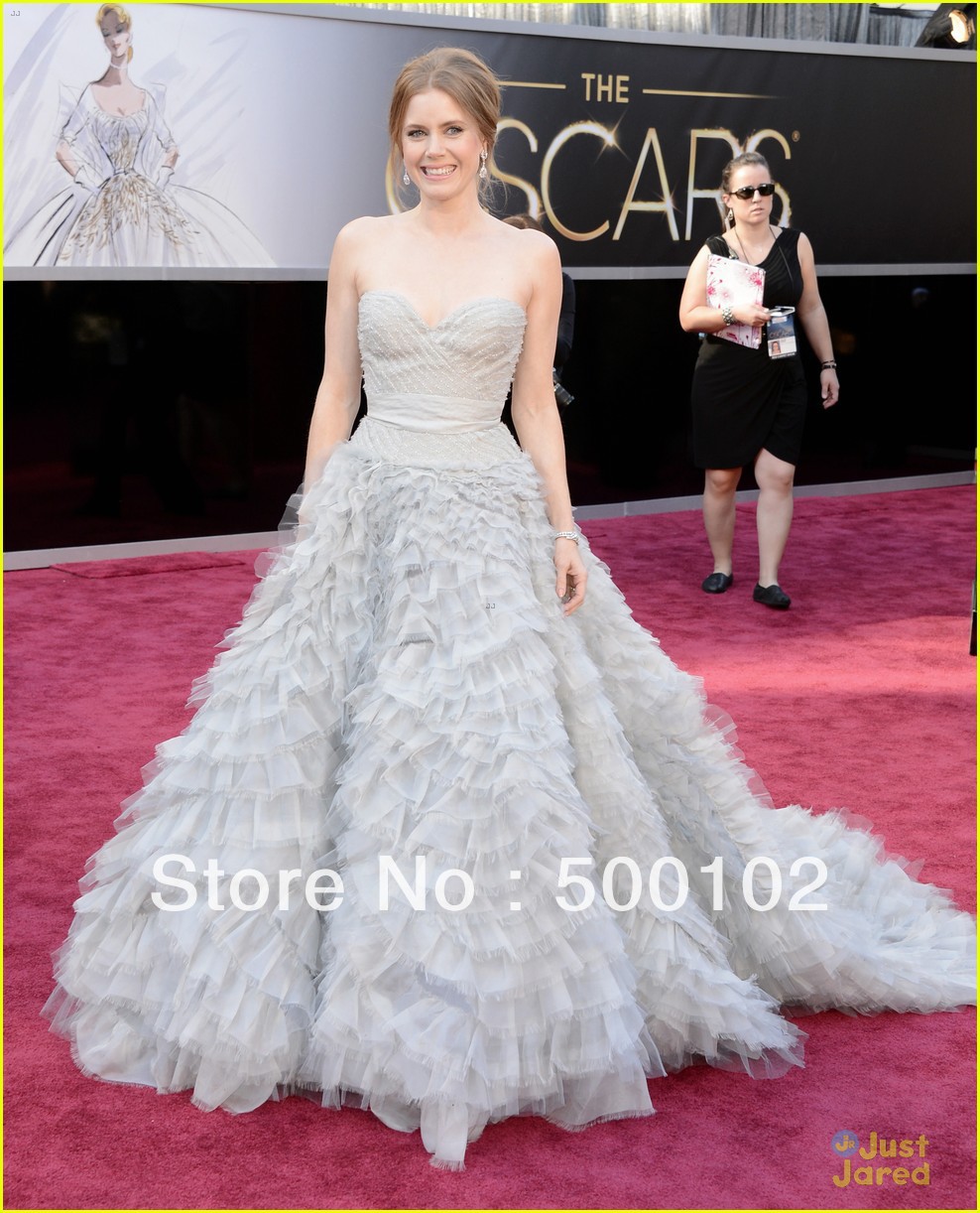 2013 85th Oscar Awards Amy Adams Silver Sweetheart Beaded Ruffled Skirt Court Train Evening Dress