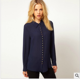 2013 A*O*  women Single rivet button Lapel chiffon shirt  free shipping