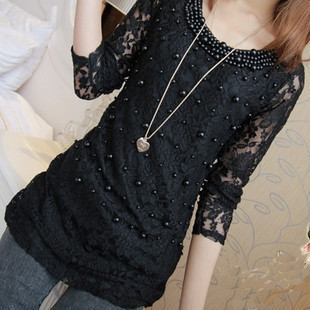 2013 all-match pearl lace long sleeve length basic shirt t-shirt female