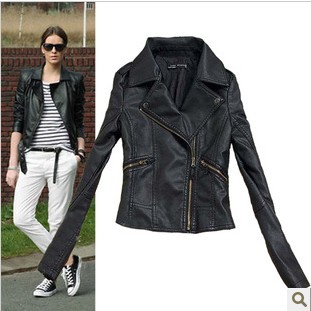 2013, authentic new women pu washed leather Slim-type long-sleeved diagonal zipper machine wagon jacket tide