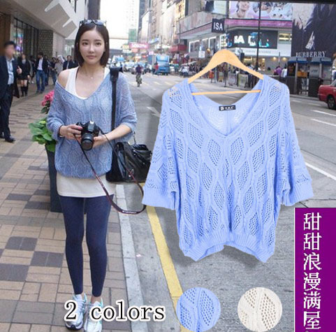 2013 autumn 023403 casual all-match deep v neck empty thread crochet thin sweater shirt