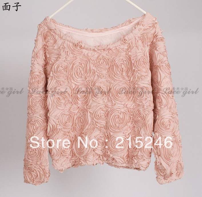 2013 autumn 3d three-dimensional rose o-neck pullover all-match t-shirt top lace shirt