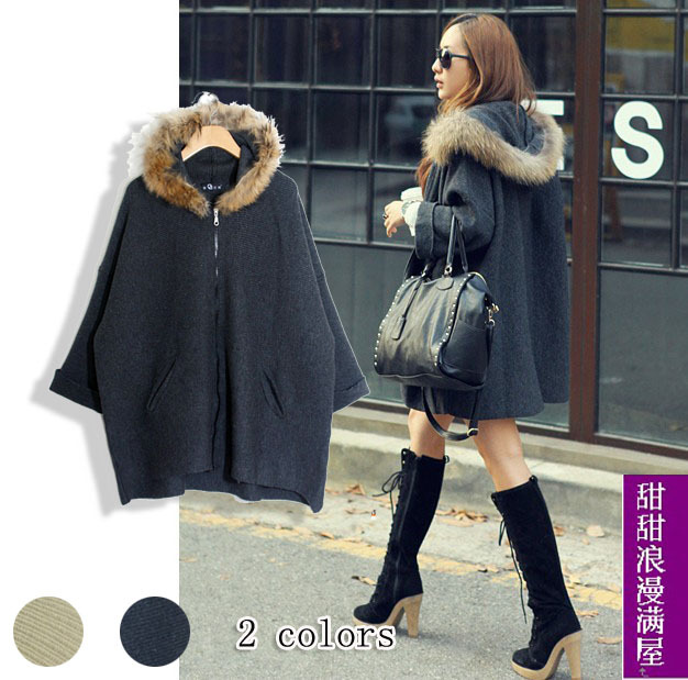 2013 autumn and winter 281014 casual fur collar with a hood loose three quarter sleeve thermal sweater outerwear